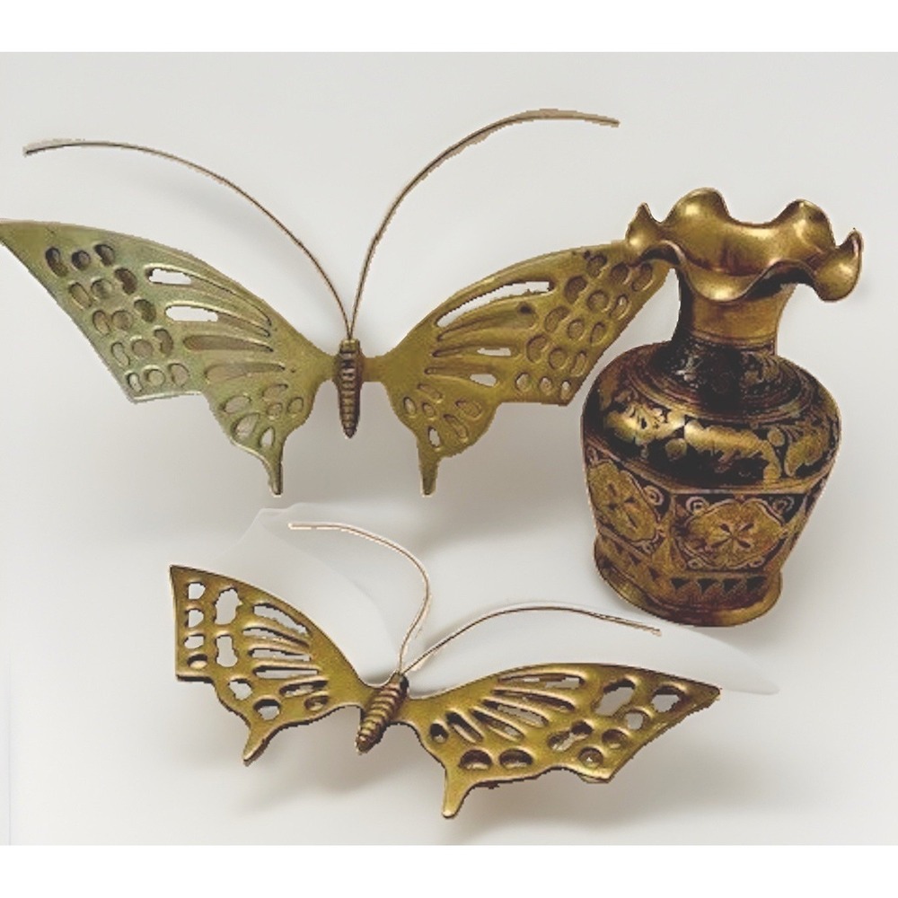 VTG Brass LOT Butterfly Vase Home Decor Hollywood Regency MCM Retro Boho Gold